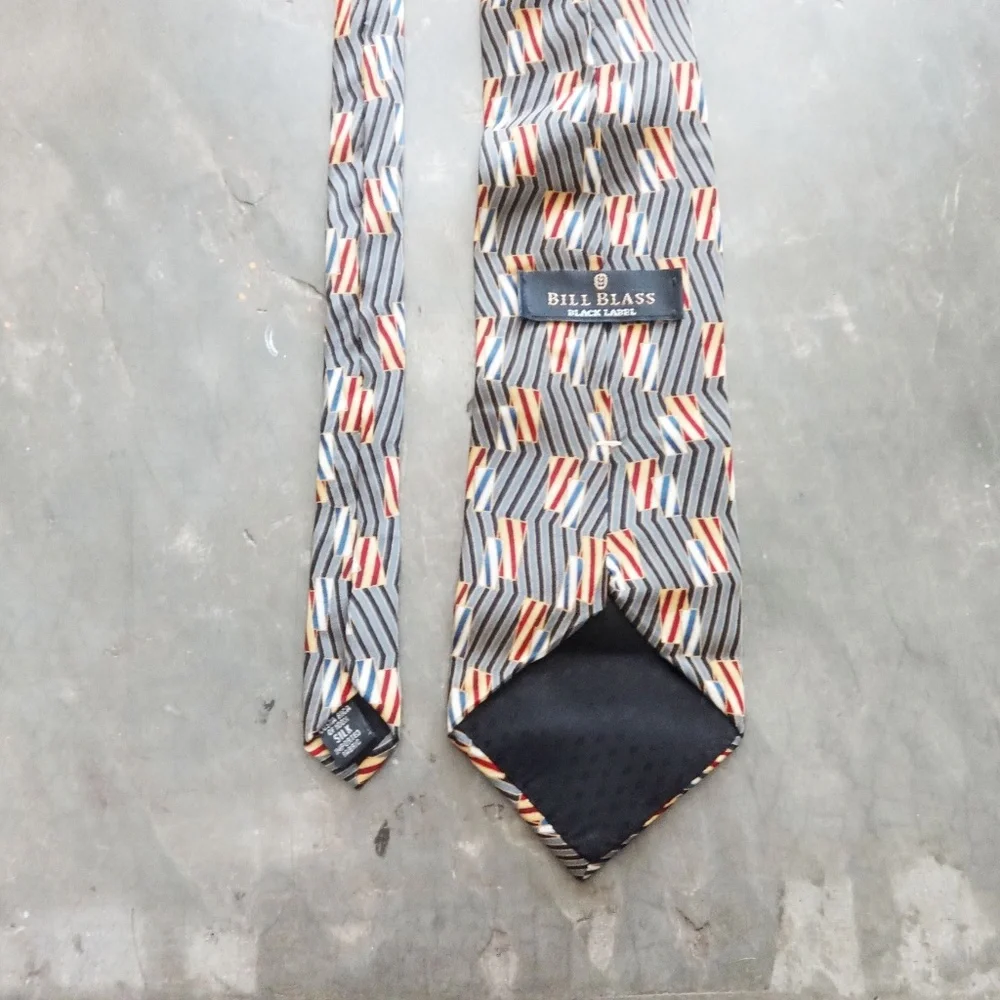 Bill Blass Black Label Silk Tie Black Red Yellow Blue Gold Grey Geometric Print
